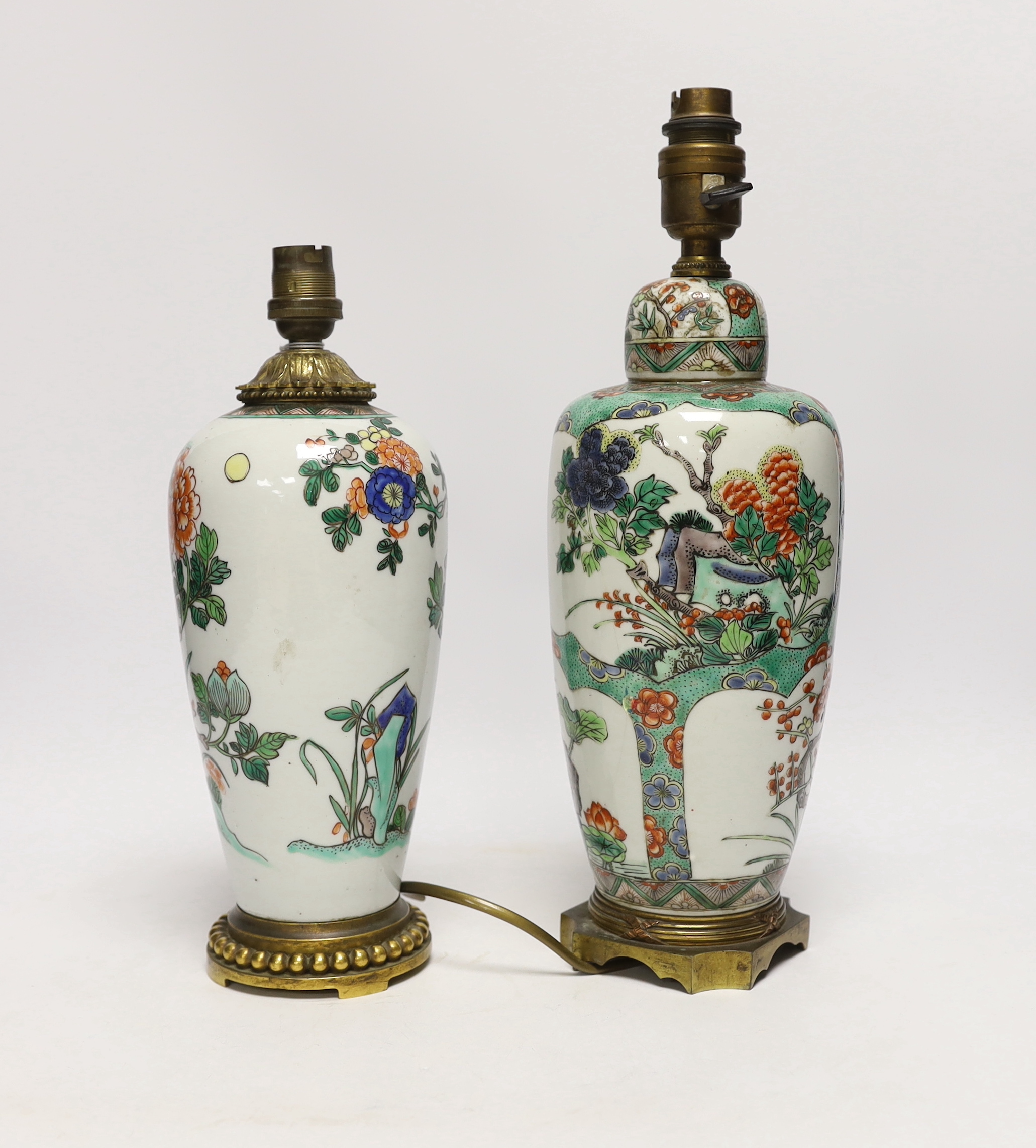 Two Samson famille verte vases, now as lamps, largest 35cm high